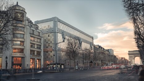 Une malle géante Louis Vuitton habille la façade du 103 avenue des Champs-Élysées en travaux - © D.R.