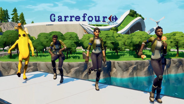 Dans la maps Carrefour de Fortnite, le joueur récupère des points de vie en mangeant sain. - © Carrefour