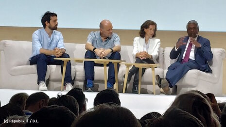 De gauche à droite : Mathieu Rouif (DG, Photoroom), Luc Julia (Directeur scientifique, Renault), Elodie Perthuisot (CDO, Carrefour) et Thomas Kurian. - © Républik IT / B.L.