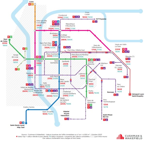 Carte des valeurs locatives par métro à Lyon - © Cushman & Wakefield