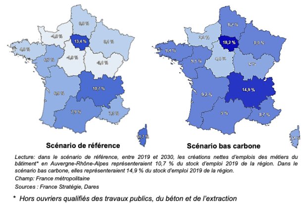 Répartition des créations nettes d’emploi par région selon le scénario de référence et le scénario bas carbone - © France stratégie