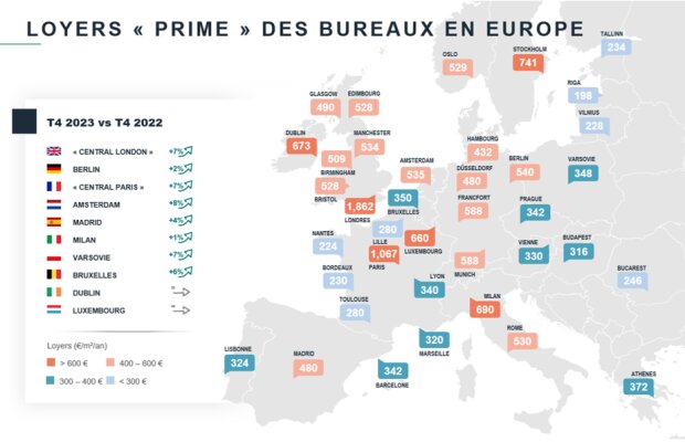Carte des loyers prime Bureaux en Europe en 2023 - © BNP Paribas Real Estate