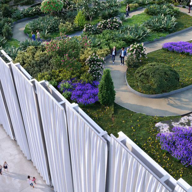 Le toit sera aménagé en un immense jardin, conçu comme une promenade amoureuse, est un élément central de l’exposition permanente  - © Cofrex