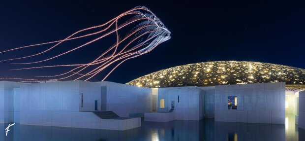 Une des installations artistiques réalisée avec des drones qui rend hommage aux musées de l’île de Saadiyat - © Groupe F