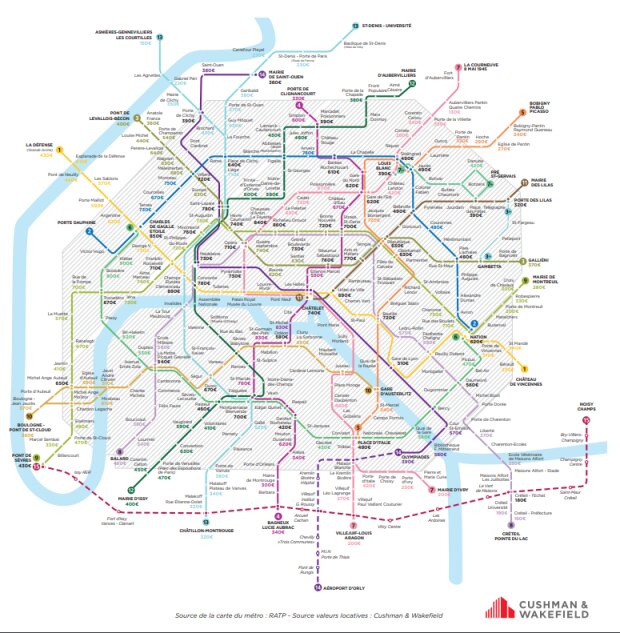 Carte des valeurs locatives par métro à Paris et en Ile-de-France - © Cushman & Wakefield
